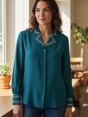 Vintage Diane Von Furstenberg Teal 100% Silk 90s Embroidered Blouse Top Small